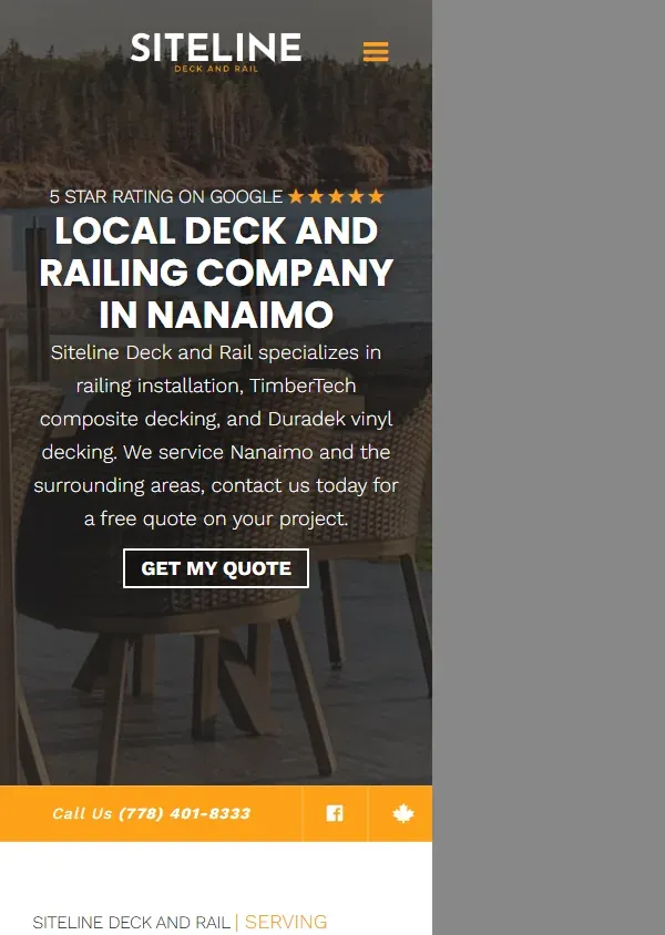 The Siteline Deck and Rail website on a phone